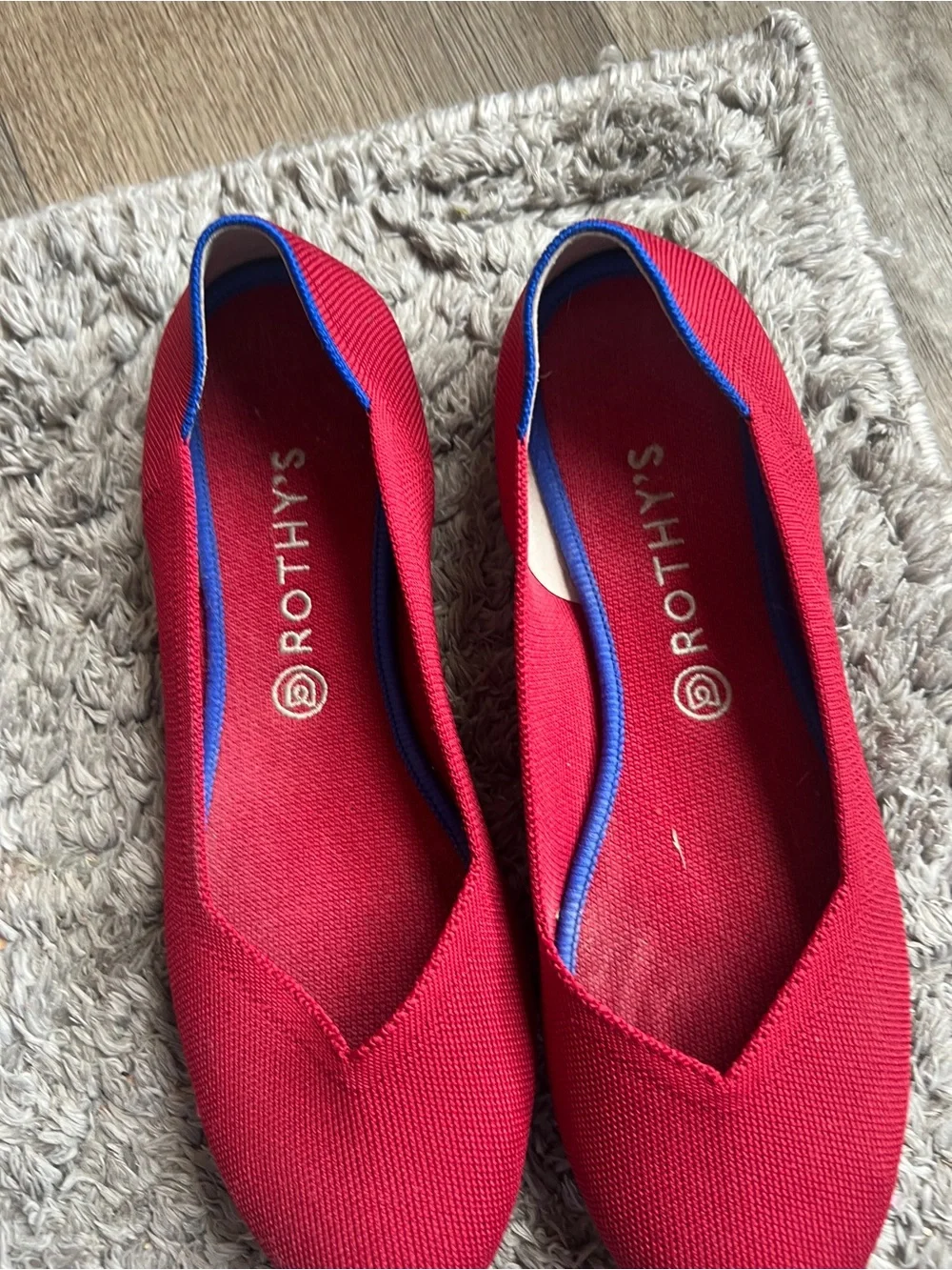 Rothy's Red Knit Pointed Ballet Flats with Blue Trim